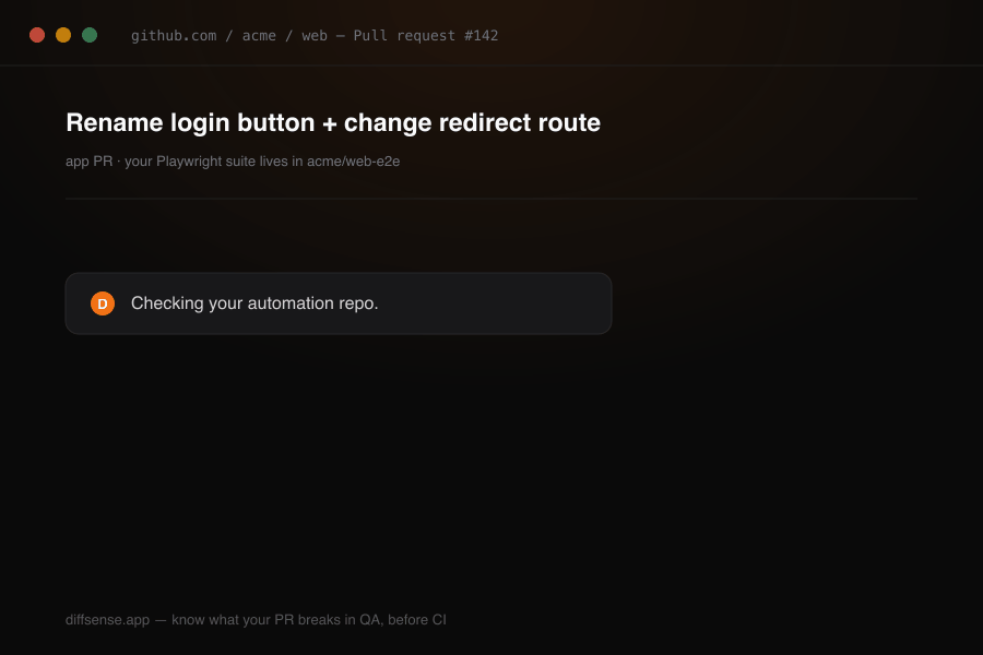 Testward flagging a Playwright spec in a separate repo that an app PR will break